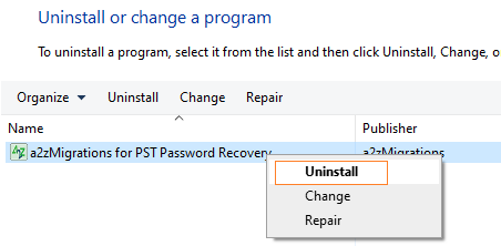 uninstall PST Password Recovery
